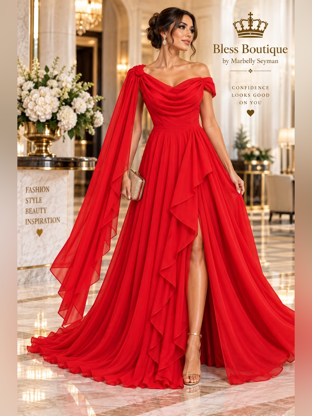 NWT Red Formal Gown Size 8 Draped Cowl Neck Cape Ruffle Slit Maxi Dress